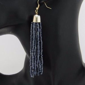 Cluster Beaded Long Tassels Boho Gray Earrings